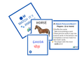 Three blue-bordered educational game cards for matching animal pictures with words, shown on a plain white background. The cards include a horse picture card, a word card reading GHODA, and an instruction card explaining how to play.