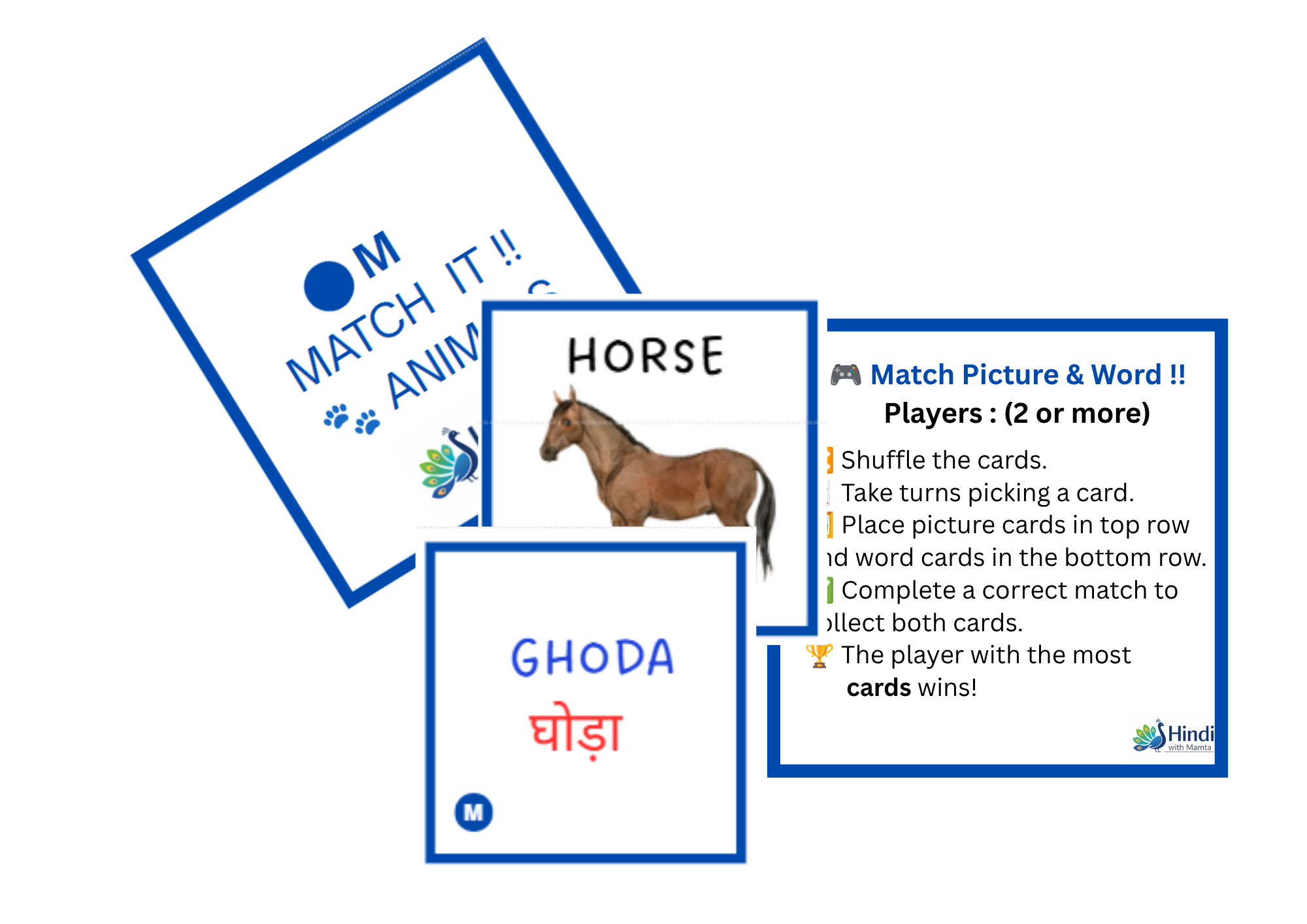 Three blue-bordered educational game cards for matching animal pictures with words, shown on a plain white background. The cards include a horse picture card, a word card reading GHODA, and an instruction card explaining how to play.