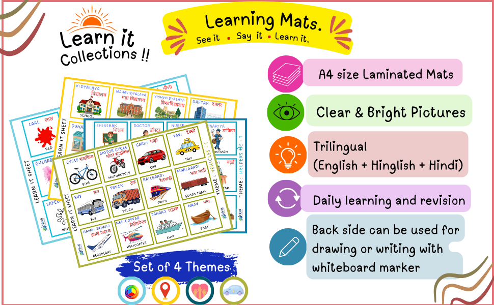 Learn It !! |  Learning Mats Set 3 | Theme - Colours, Helpers, Places, Vehicles