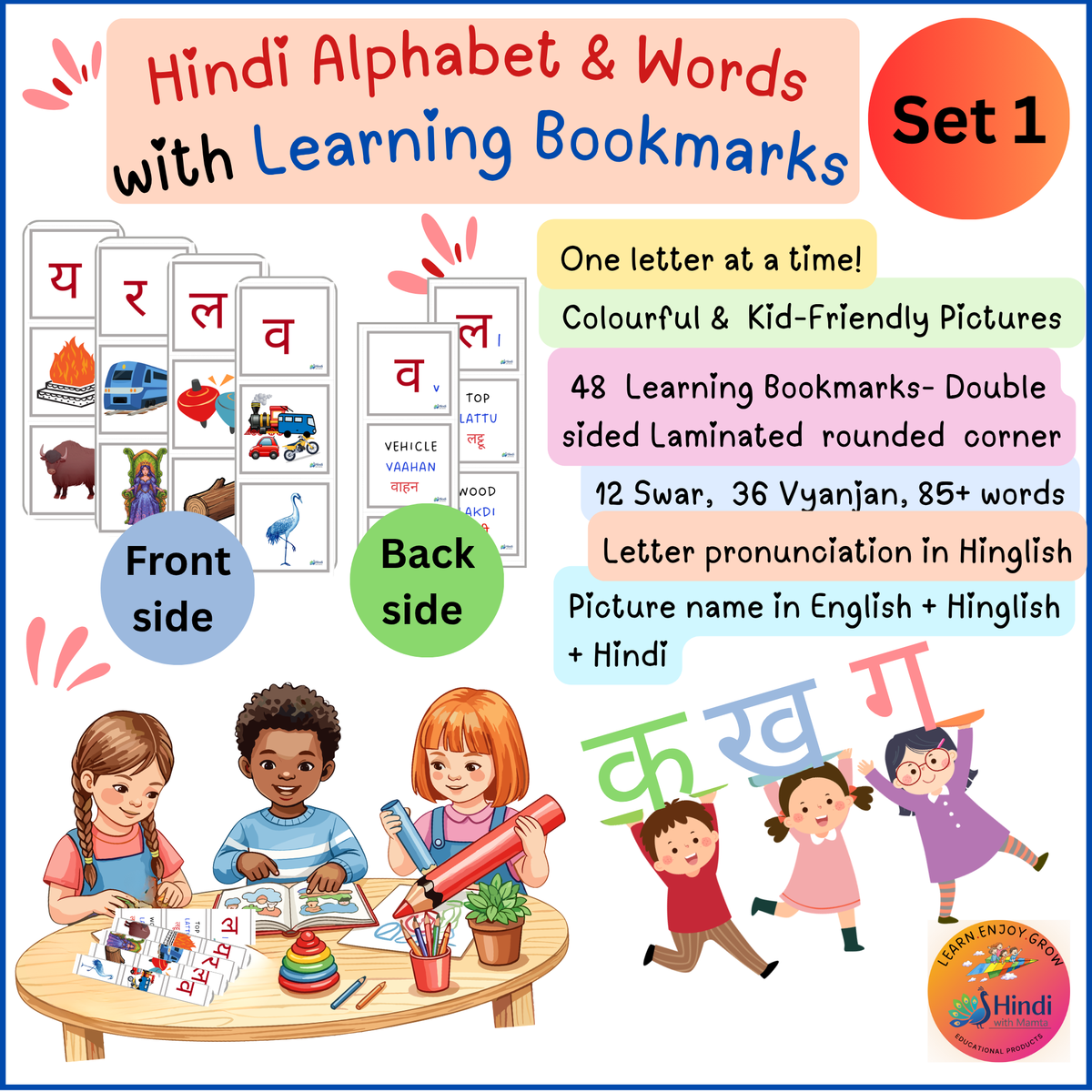 Learn it !! Hindi Alphabet  Bookmarks Set 1 | 48 Letters, 85+ Words (Laminated)