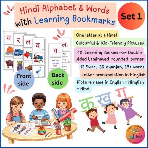Learn it !! Hindi Alphabet  Bookmarks Set 1 | 48 Letters, 85+ Words (Laminated)