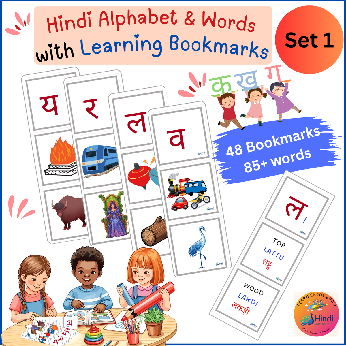 Learn it !! Hindi Alphabet  Bookmarks Set 1 | 48 Letters, 85+ Words (Laminated)